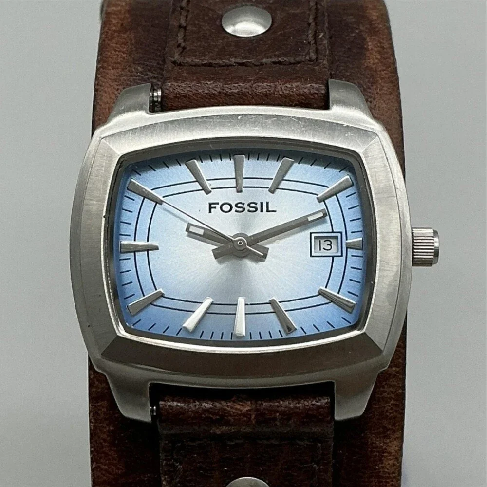 Fossil Womens Watch 30mm Blue Dial Cushion Leather Bund Date New Battery